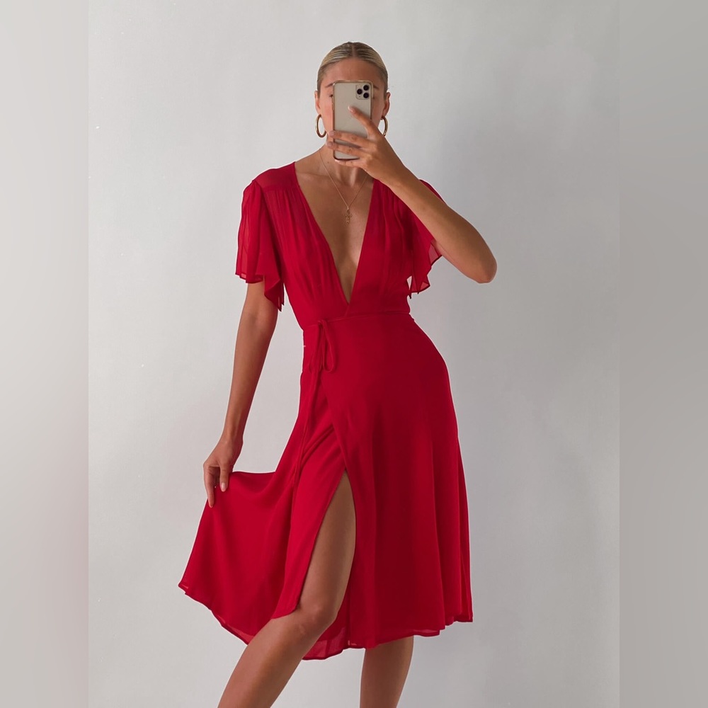 Reformation Red V-Neck Midi Dress with Flutter Sleeves